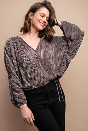 Satin Pleated Drawstring Top With Snap Button - Women's top - SmartBuyApparel