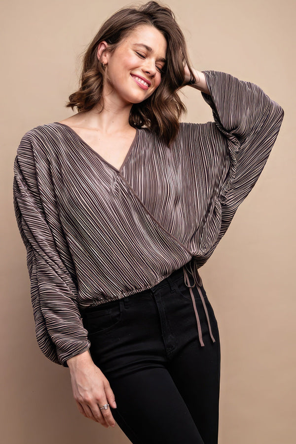 Satin Pleated Drawstring Top With Snap Button - Women's top - SmartBuyApparel