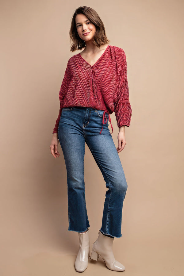 Satin Pleated Drawstring Top With Snap Button - Women's top - SmartBuyApparel