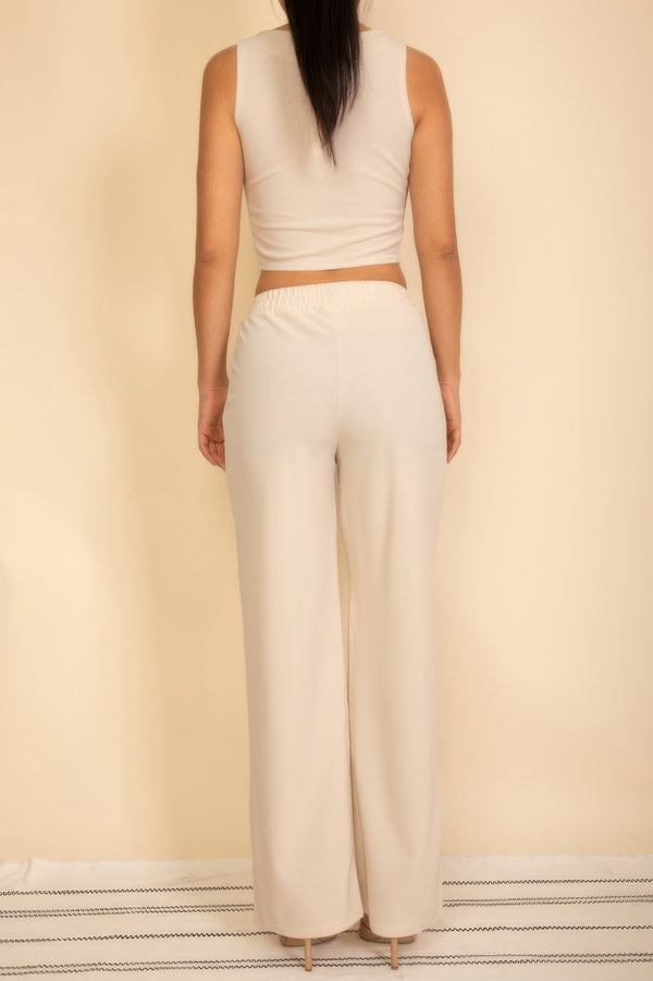 Scoop Neck Button Vest & Wide Leg Pants Set - Women's set - SmartBuyApparel