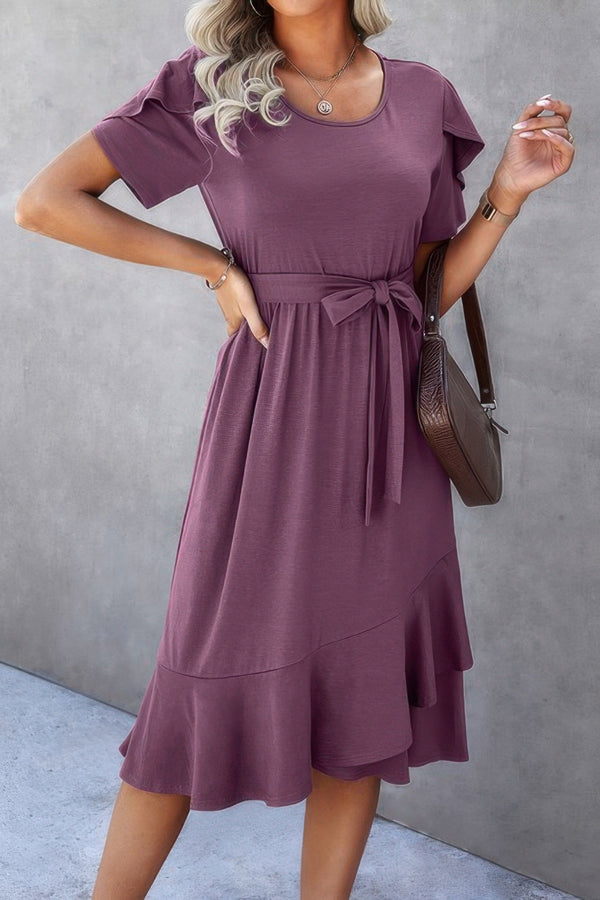 Scoop Neck Short Sleeve Solid Dress - | SmartBuyApparel