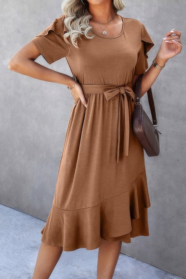Scoop Neck Short Sleeve Solid Dress - | SmartBuyApparel