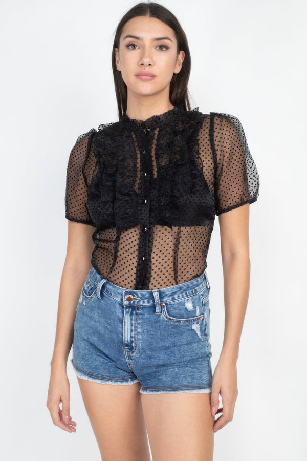 Sheer Ruffle - trim Dot Top - | SmartBuyApparel
