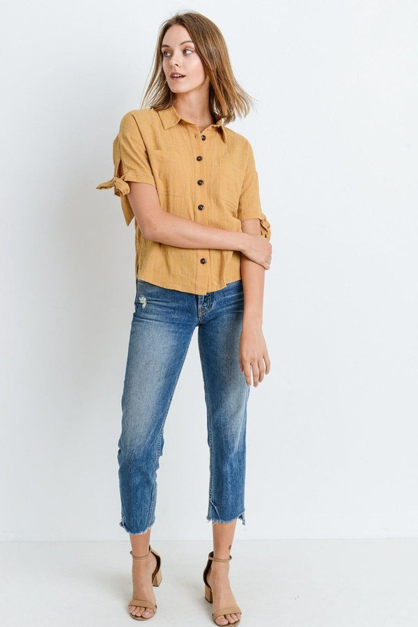Short Sleeve Button - Up Women's Top With Tie Sleeve - Type: Women's top - SmartBuyApparel