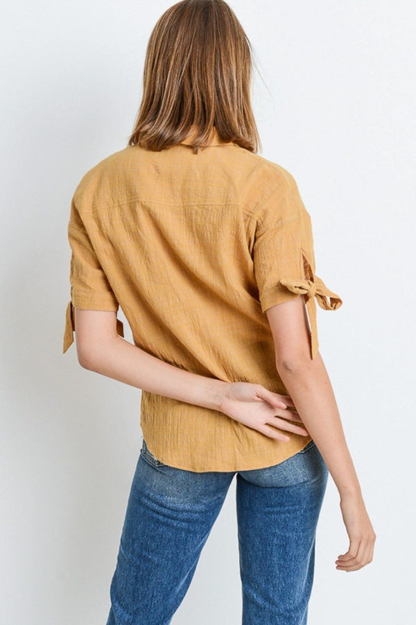 Short Sleeve Button - Up Women's Top With Tie Sleeve - Type: Women's top - SmartBuyApparel