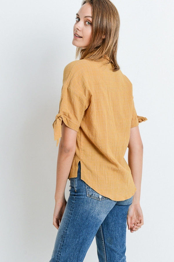 Short Sleeve Button - Up Women's Top With Tie Sleeve - Type: Women's top - SmartBuyApparel