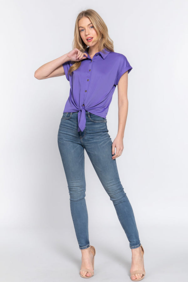 Short Sleeve Front Tie Stretch ITY Top - Women's top - SmartBuyApparel