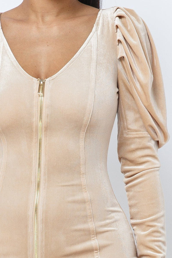 Soft Velvet Pleated Puff Sleeve Low V Neck Front And Back Mini Dress - Dress - SmartBuyApparel