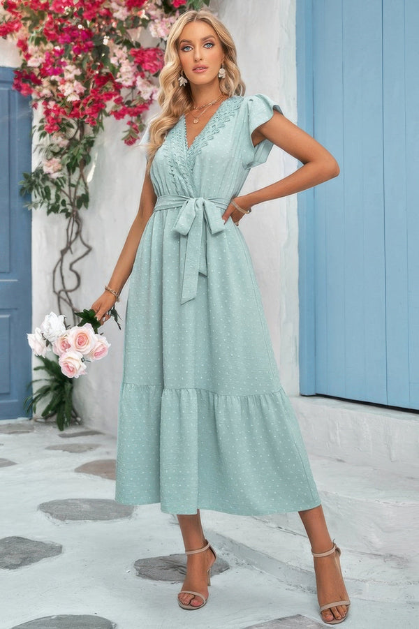 Solid Deep V Dot Lace Belt Long Dress - | SmartBuyApparel