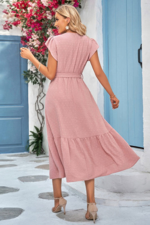 Solid Deep V Dot Lace Belt Long Dress - | SmartBuyApparel