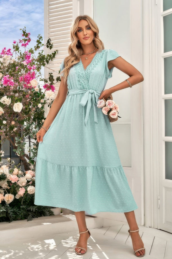 Solid Deep V Dot Lace Belt Long Dress - | SmartBuyApparel