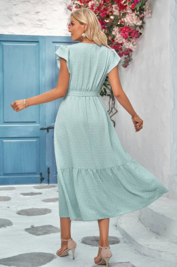 Solid Deep V Dot Lace Belt Long Dress - | SmartBuyApparel