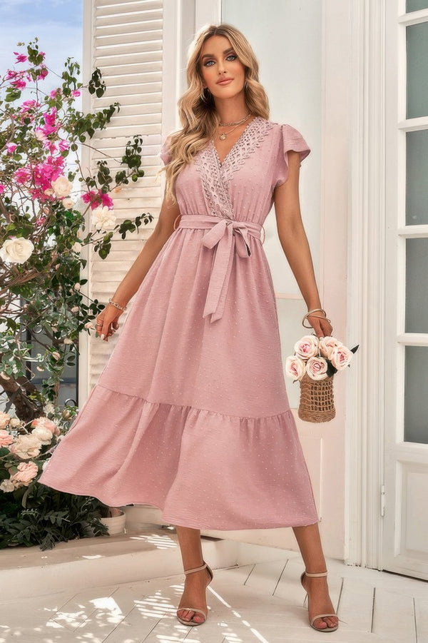 Solid Deep V Dot Lace Belt Long Dress - | SmartBuyApparel
