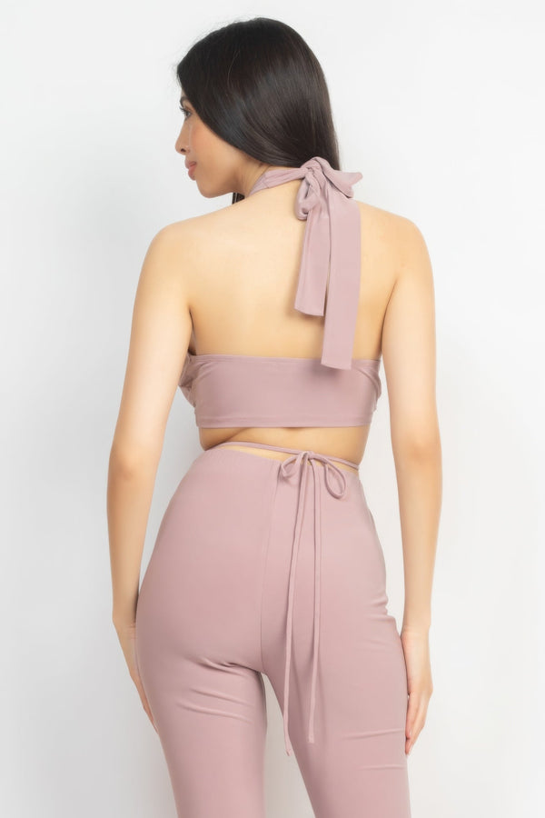 Solid Halter Top And Elastic Leggings Set - Women's set - SmartBuyApparel