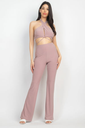 Solid Halter Top And Elastic Leggings Set - Women's set - SmartBuyApparel