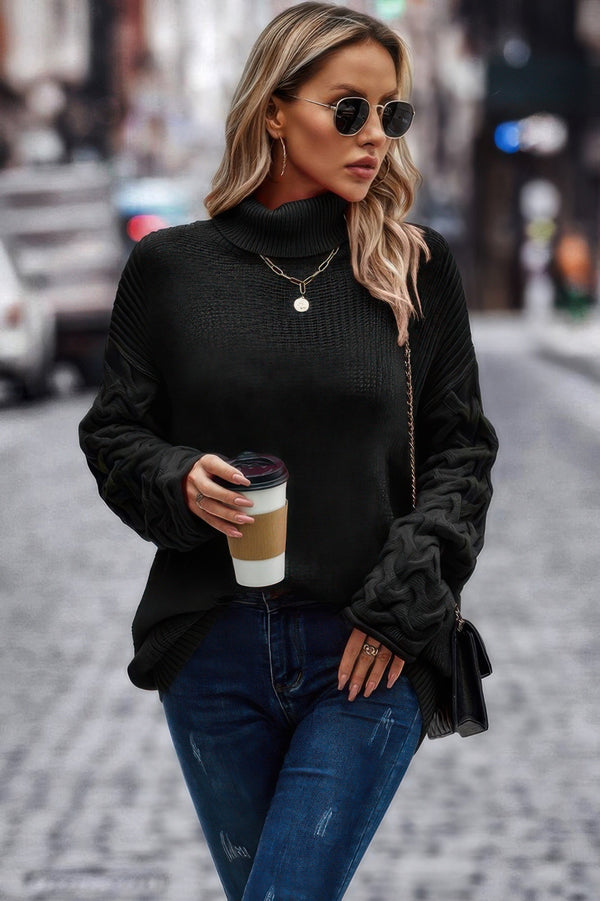 Solid Knit Long Sleeve Turtleneck Loose Sweater - | SmartBuyApparel