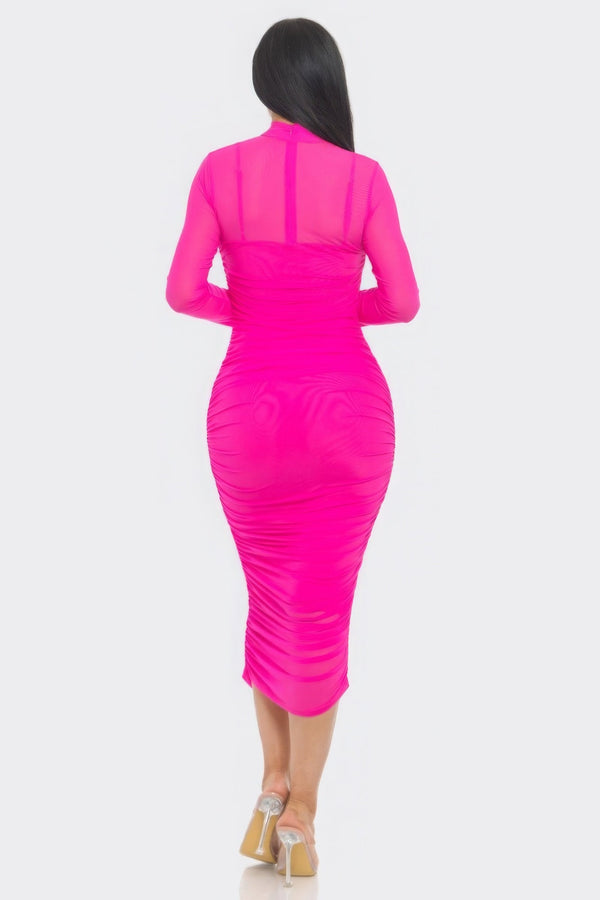 Solid Mesh Ruched Midi Dress - Dress - SmartBuyApparel