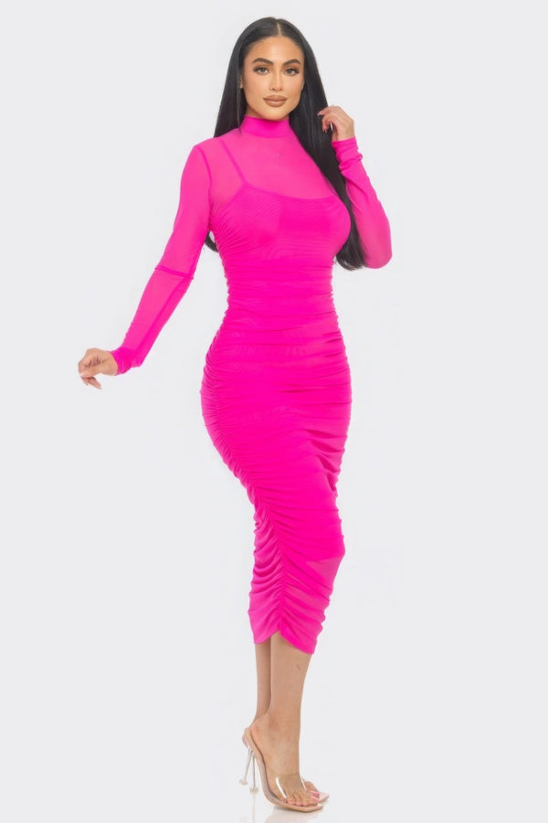 Solid Mesh Ruched Midi Dress - Dress - SmartBuyApparel