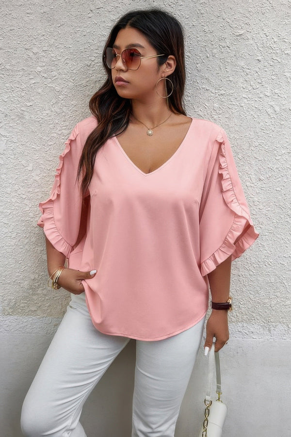 Solid Plus V Neck Ruffle Trim Petal Sleeve Blouse - | SmartBuyApparel