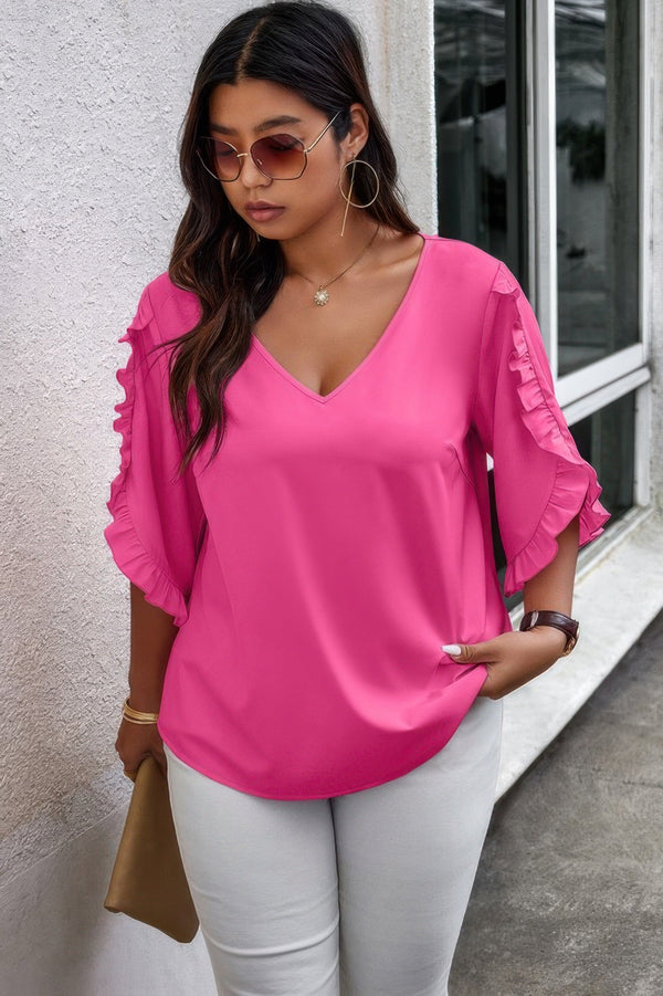 Solid Plus V Neck Ruffle Trim Petal Sleeve Blouse - | SmartBuyApparel
