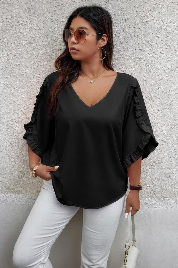 Solid Plus V Neck Ruffle Trim Petal Sleeve Blouse - | SmartBuyApparel
