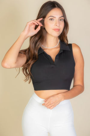 Solid Ribbed Polo Neck Tank Top - Women's top - SmartBuyApparel