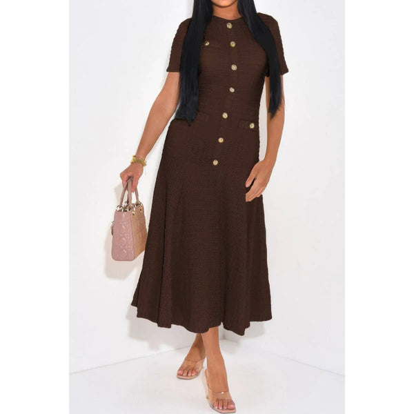 Solid Round Neck Button Elegant Sheath Dress - Dress - SmartBuyApparel