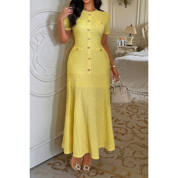 Solid Round Neck Button Elegant Sheath Dress - Dress - SmartBuyApparel