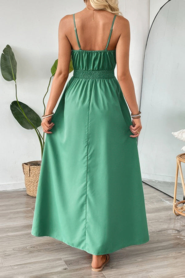 Solid Sleeveless Ruched Elactic Waist A Line Dress - | SmartBuyApparel