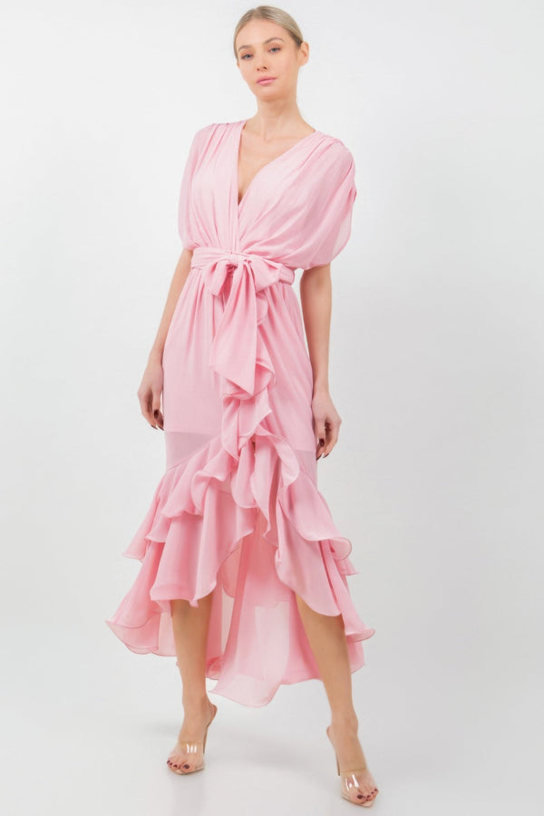 Solid Tie Waist Ruffle Midi Dress - Dress - SmartBuyApparel