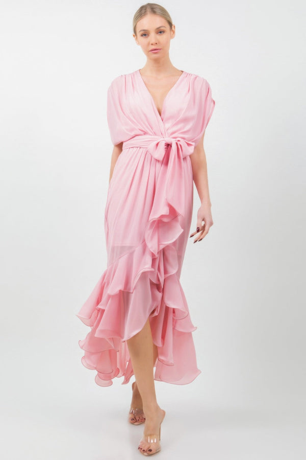 Solid Tie Waist Ruffle Midi Dress - Dress - SmartBuyApparel