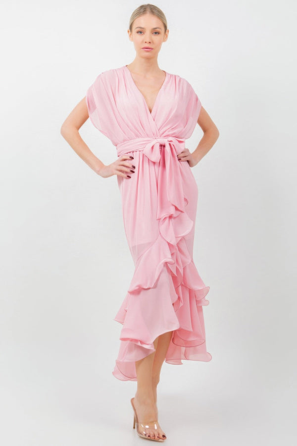 Solid Tie Waist Ruffle Midi Dress - Dress - SmartBuyApparel