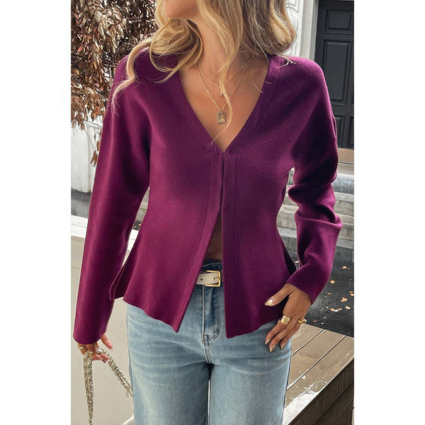 Solid V - Neck Raglan Sleeve Knit Sweater - Women's sweater - SmartBuyApparel