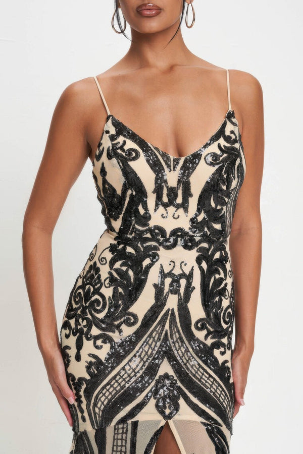 Spaghetti Strap Art Deco Sequins Maxi Dress - Dress - SmartBuyApparel