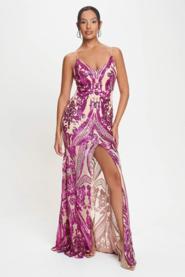 Spaghetti Strap Art Deco Sequins Maxi Dress - Dress - SmartBuyApparel