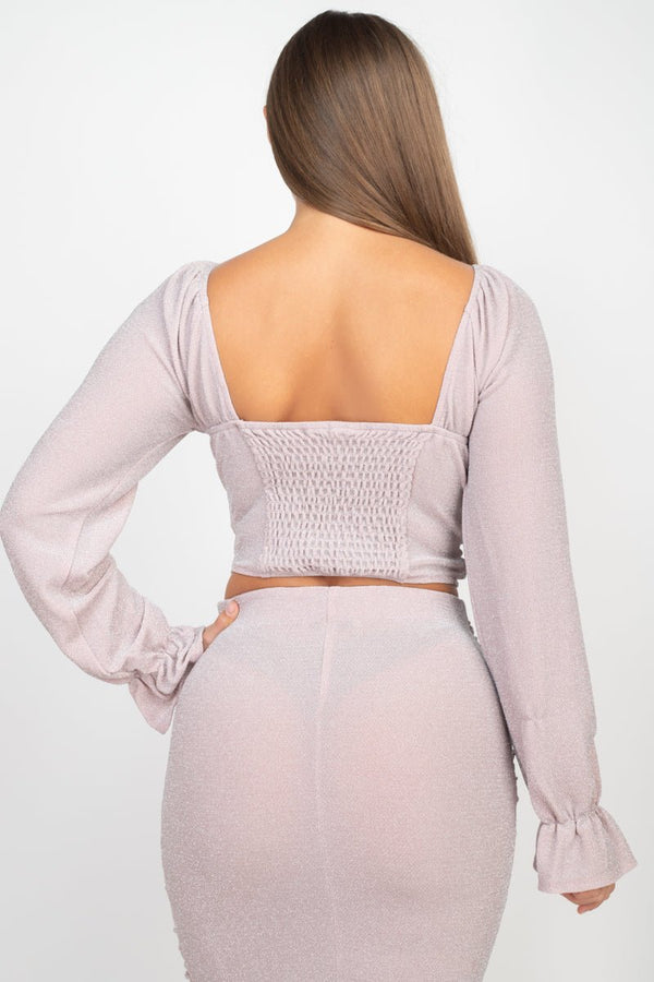 Sparkling Long Sleeves Ruching Back & Skirts Set - Women's set - SmartBuyApparel