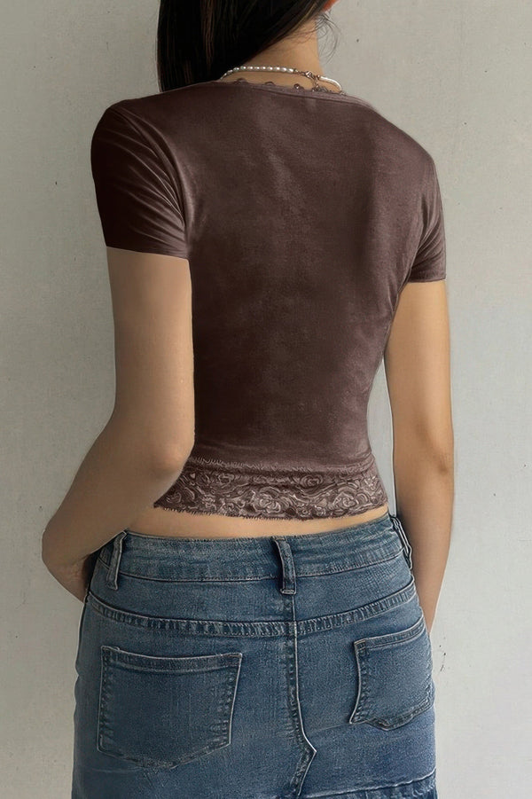 Square Neck Lace Trim High Waist Tee - | SmartBuyApparel