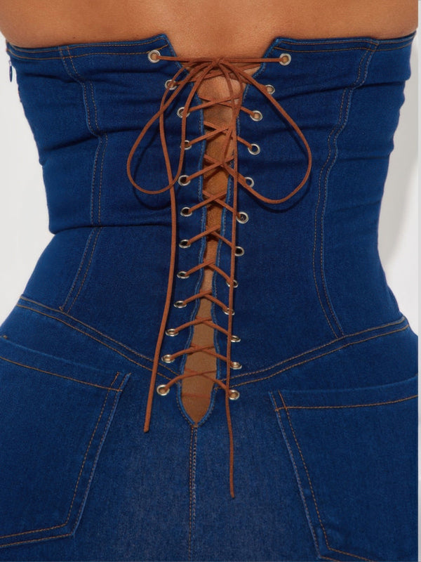 Strapless Denim Jumpsuit With Lace Up Back - | SmartBuyApparel