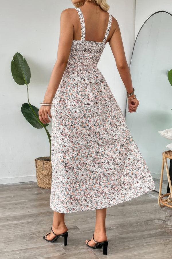 Straps Floral Print Split Hem Fit Long Dress - | SmartBuyApparel