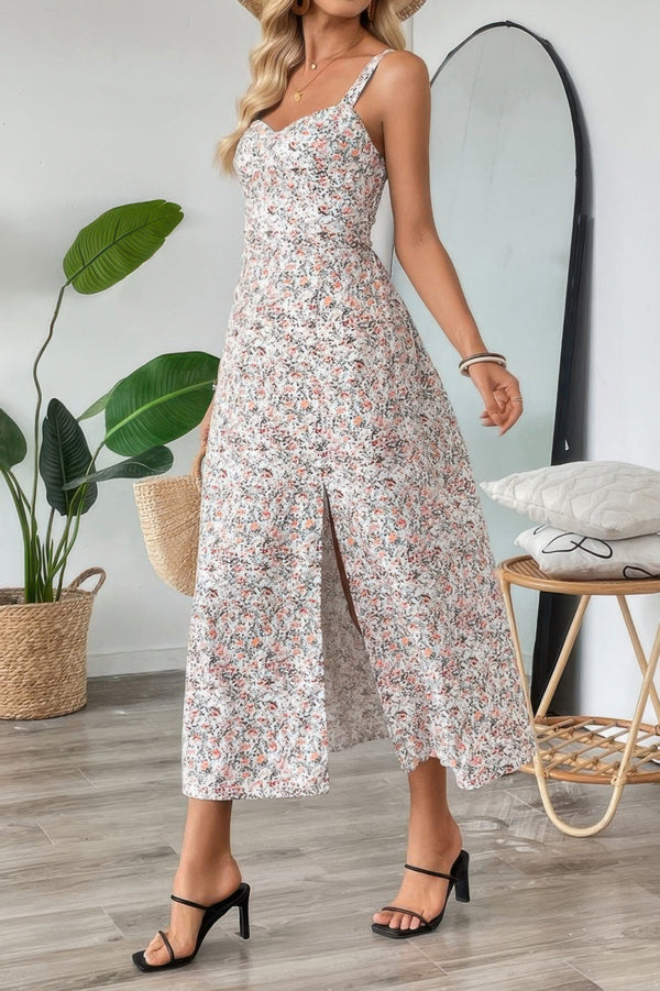 Straps Floral Print Split Hem Fit Long Dress - | SmartBuyApparel