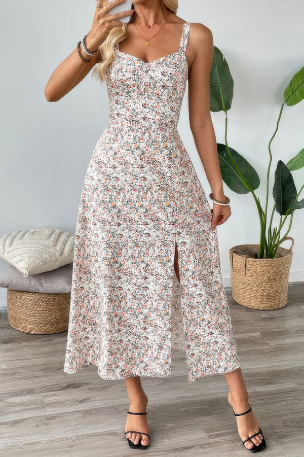 Straps Floral Print Split Hem Fit Long Dress - | SmartBuyApparel