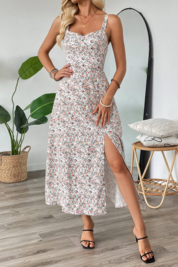 Straps Floral Print Split Hem Fit Long Dress - | SmartBuyApparel