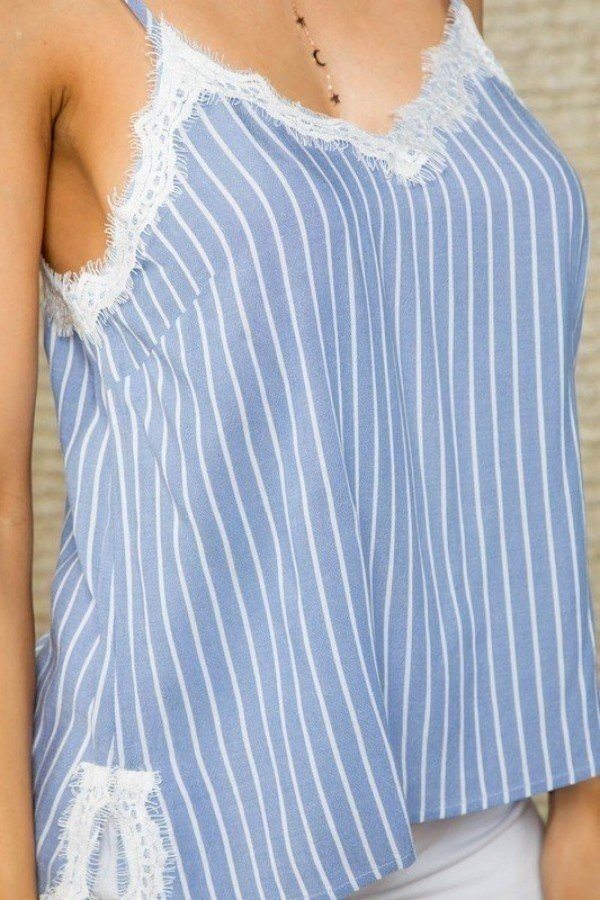 Stripe Print Side Slit Adjustable Self Spaghetti Lace Cami - Camisole - SmartBuyApparel