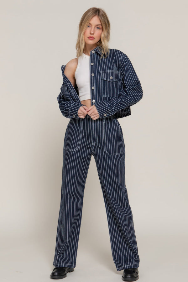 Stripe Stretch Denim Straight Pants - | SmartBuyApparel