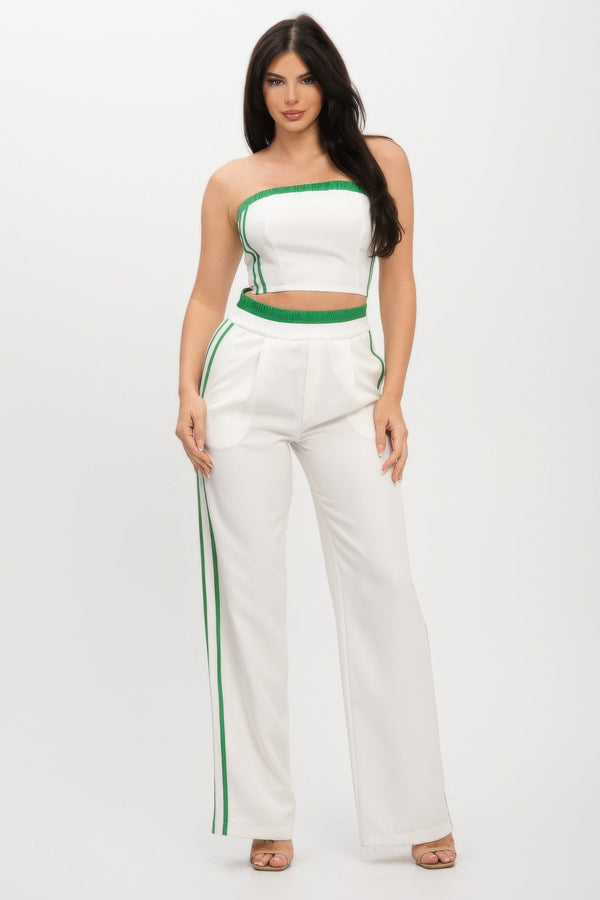 Stripe Tapping Contrast Elastic Band Toppants Set - Women's set - SmartBuyApparel