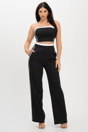 Stripe Tapping Contrast Elastic Band Toppants Set - Women's set - SmartBuyApparel