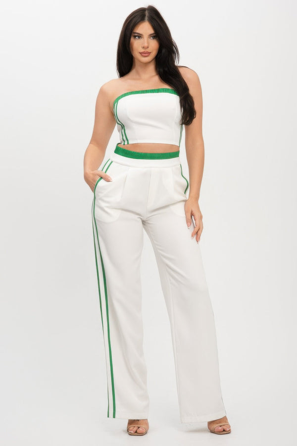 Stripe Tapping Contrast Elastic Band Toppants Set - Women's set - SmartBuyApparel