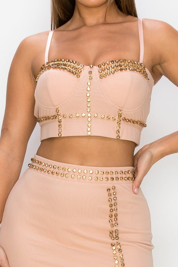 Studded Stone Cami Top & Slit Mini Skirts Set - Women's set - SmartBuyApparel