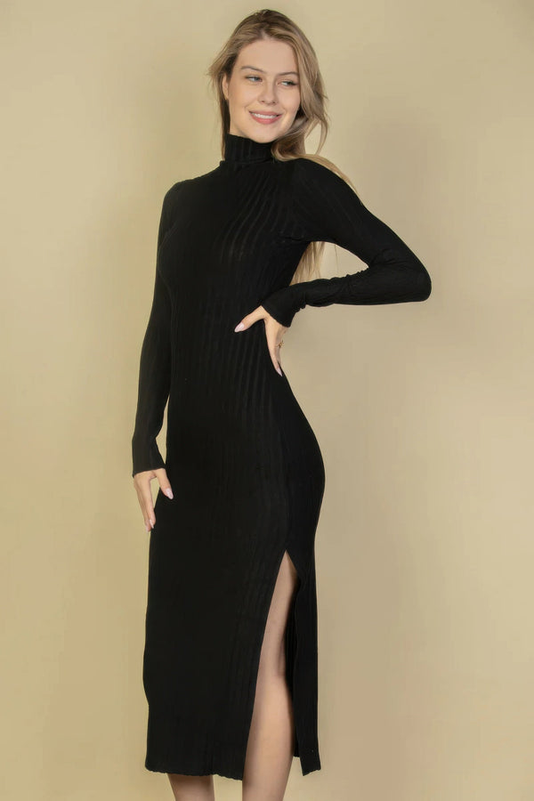 Sweater - knit Fuzzy Turtle Neck Split Thigh Dress - Dress - SmartBuyApparel