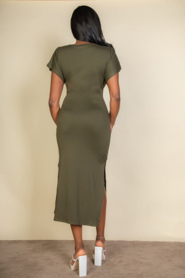 Tie Front Short Sleeve Side Slit Dress - Dress - SmartBuyApparel